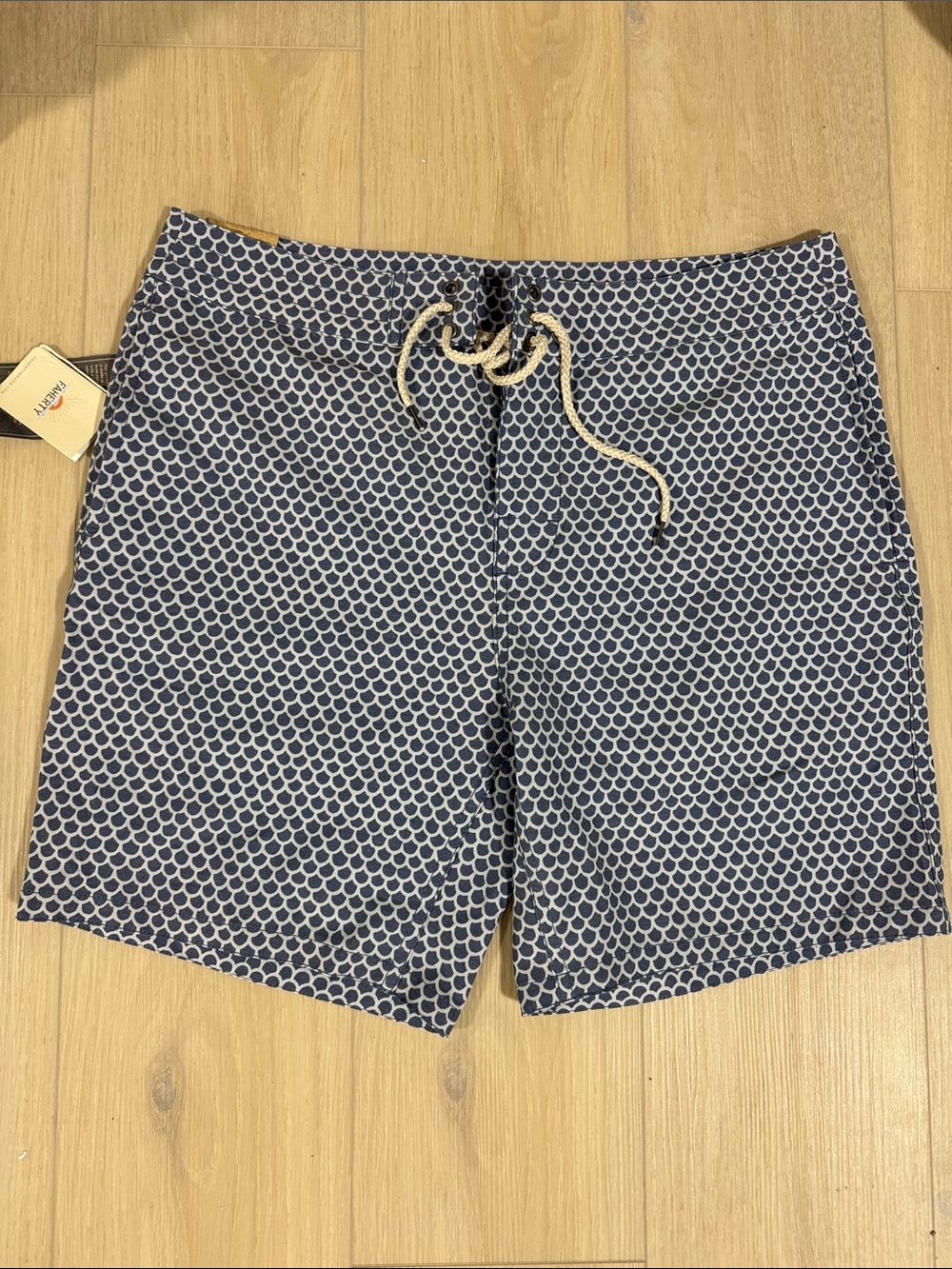 Faherty Navy Blue and White Scallop Print Swim Board Shorts